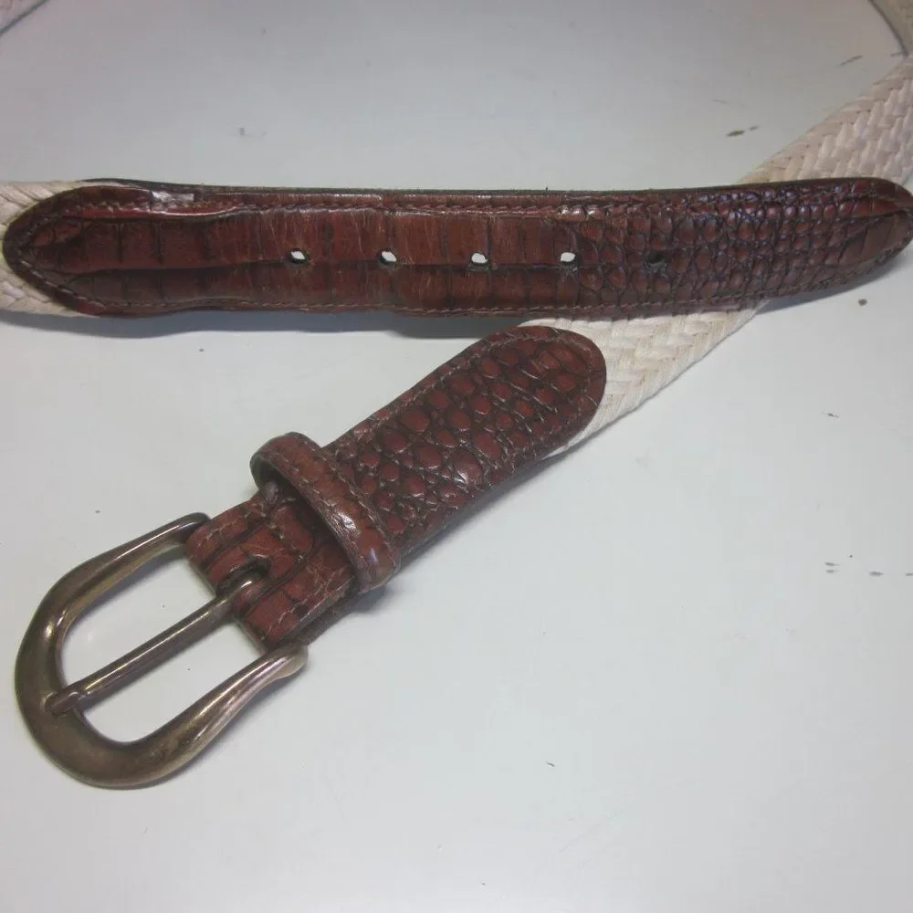 Torino Mens Size 36 Woven Cream Cotton Belt with Leather Accents & Brass Buckle